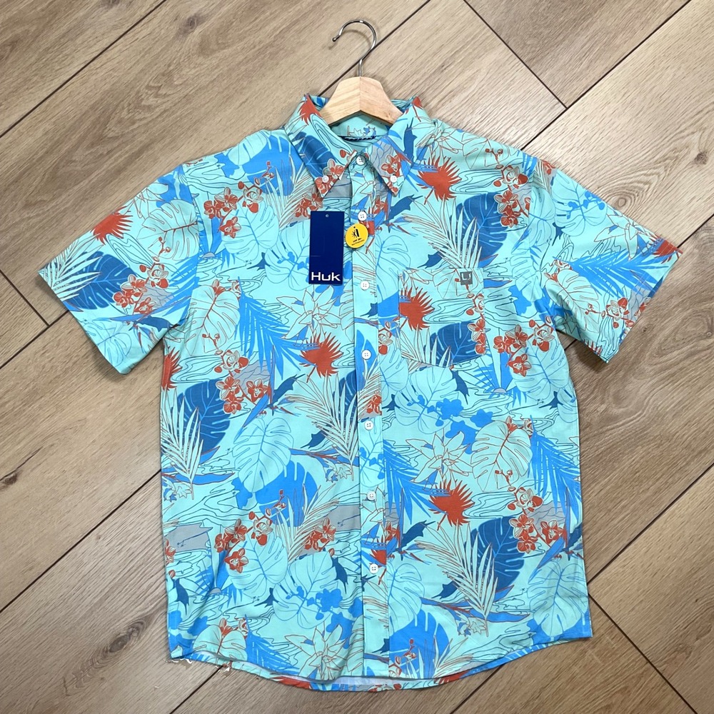 Huk‎ Fishing Shirt UPF 30+ Button Down Short Sleeve Tropical Floral Mens Size S